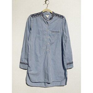 J Crew Top Womens Small Striped Embroidered Popover Tunic Hi Low Hem Cotton